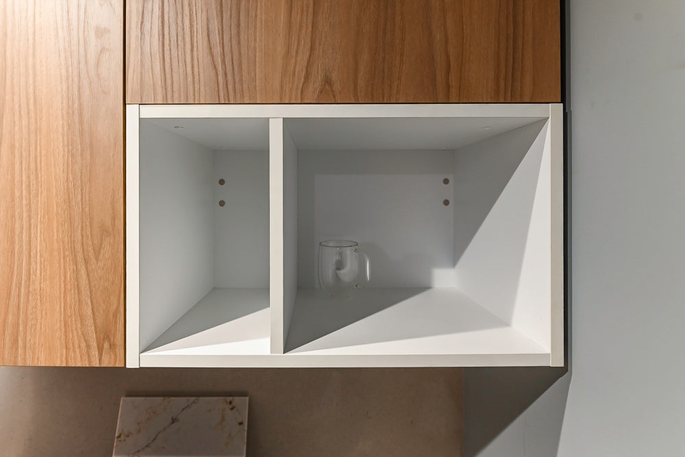 Lyon's Modern White and Natural Wood Toned Kitchenette with Silestone Countertops