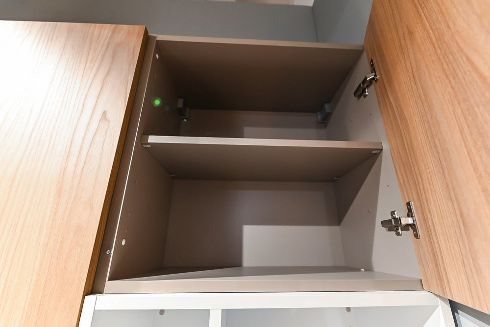 Lyon's Modern White and Natural Wood Toned Kitchenette with Silestone Countertops