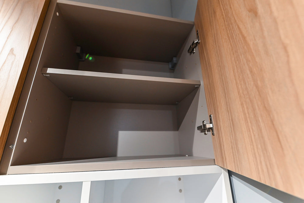 Lyon's Modern White and Natural Wood Toned Kitchenette with Silestone Countertops