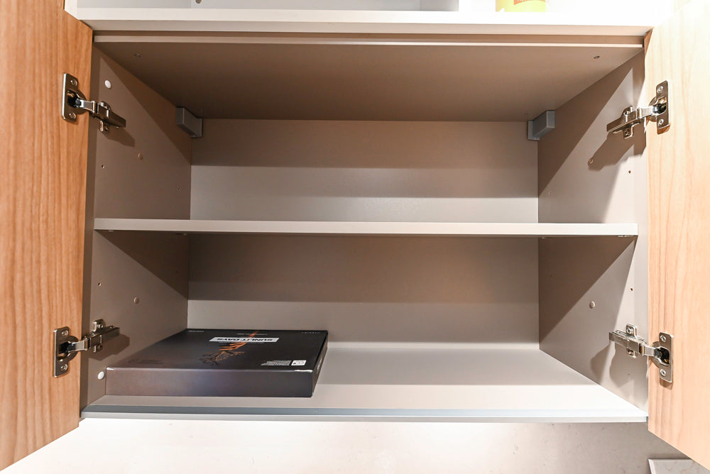 Lyon's Modern White and Natural Wood Toned Kitchenette with Silestone Countertops