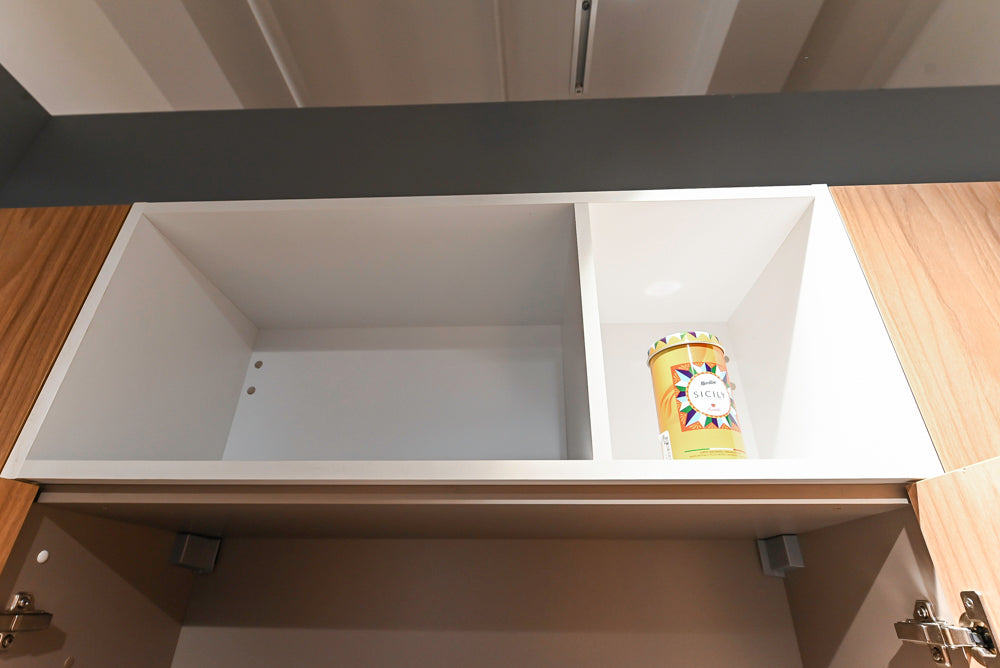 Lyon's Modern White and Natural Wood Toned Kitchenette with Silestone Countertops