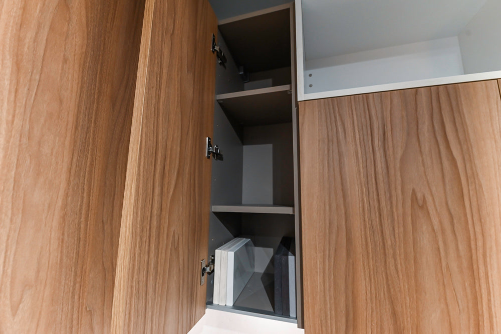 Lyon's Modern White and Natural Wood Toned Kitchenette with Silestone Countertops