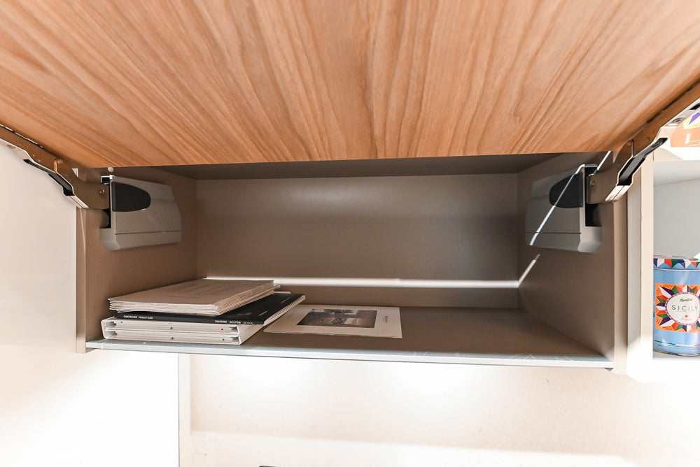 Lyon's Modern White and Natural Wood Toned Kitchenette with Silestone Countertops