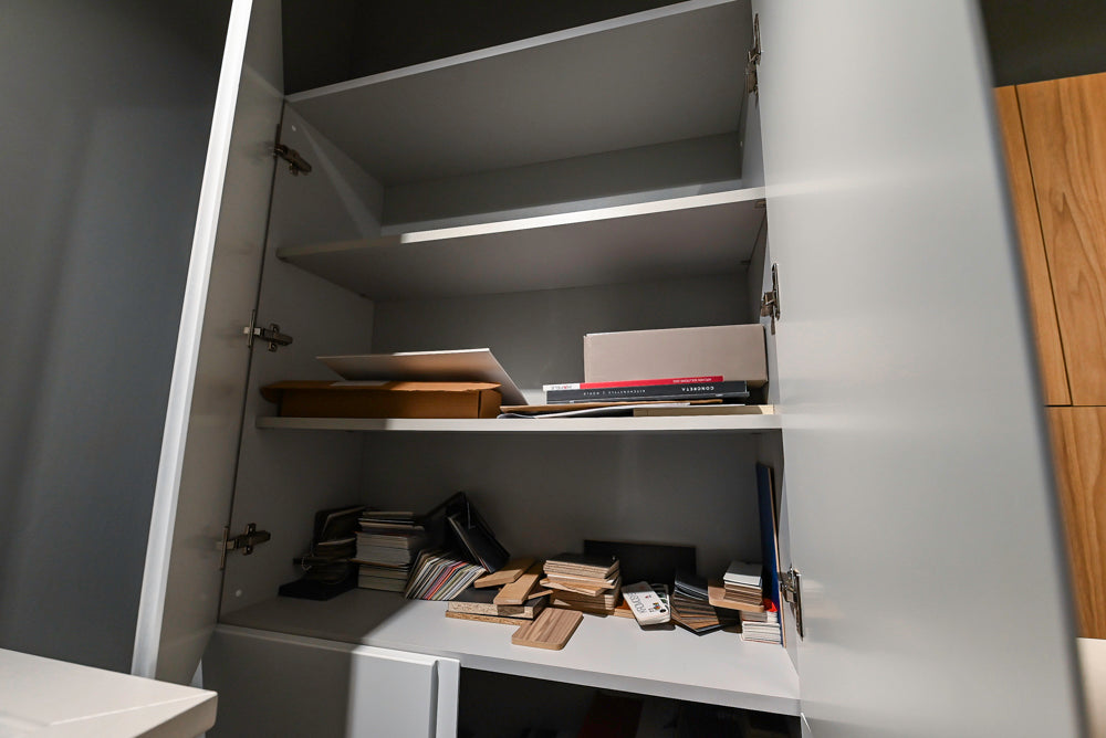Lyon's Modern White and Natural Wood Toned Kitchenette with Silestone Countertops