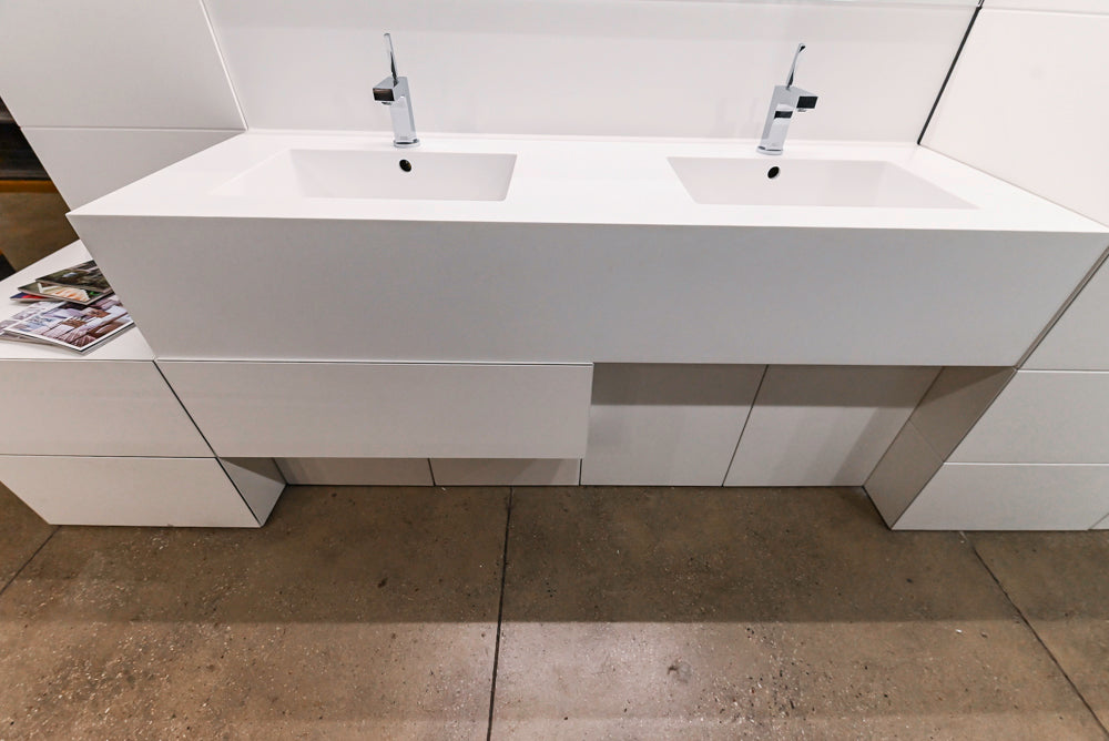 White Modern Vanity Set with Double Sinks and Matching Wardrobe Closet System