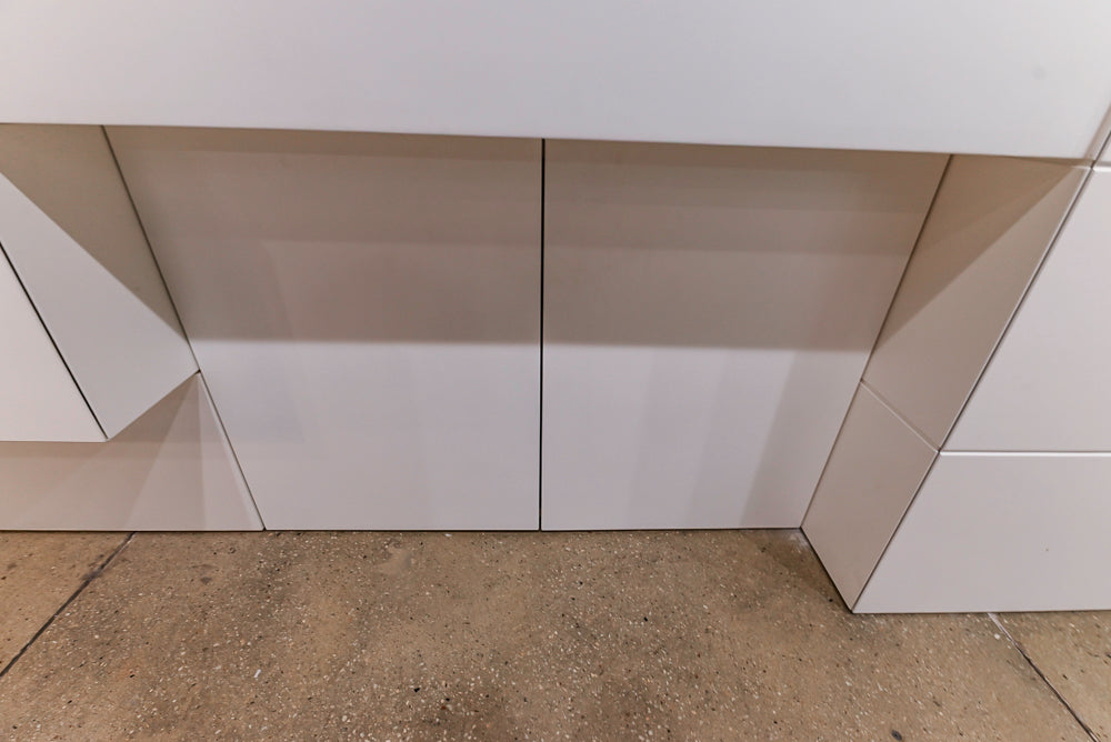 White Modern Vanity Set with Double Sinks and Matching Wardrobe Closet System