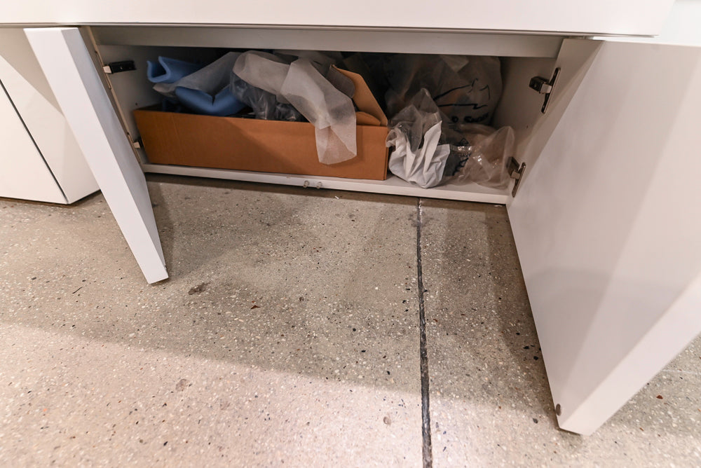 White Modern Vanity Set with Double Sinks and Matching Wardrobe Closet System