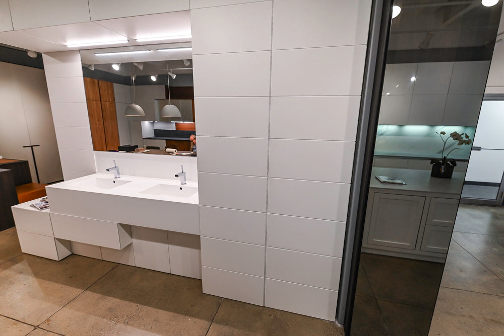 White Modern Vanity Set with Double Sinks and Matching Wardrobe Closet System