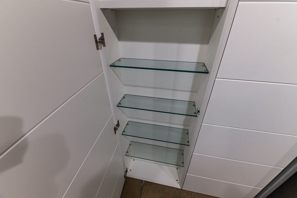 White Modern Vanity Set with Double Sinks and Matching Wardrobe Closet System