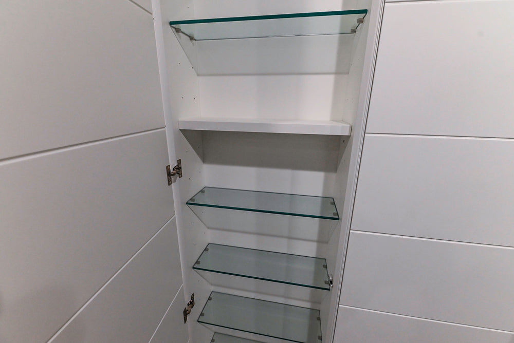 White Modern Vanity Set with Double Sinks and Matching Wardrobe Closet System