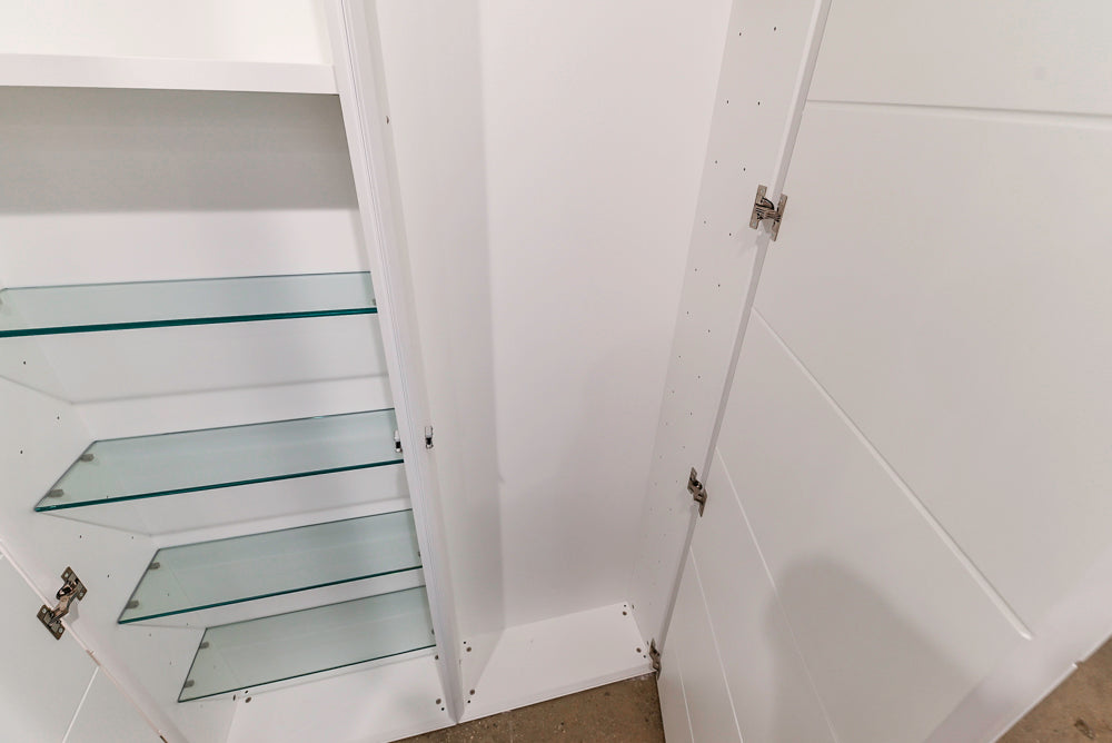 White Modern Vanity Set with Double Sinks and Matching Wardrobe Closet System