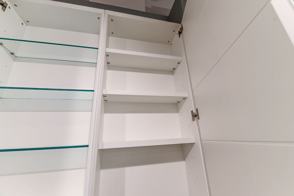 White Modern Vanity Set with Double Sinks and Matching Wardrobe Closet System