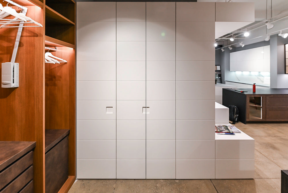 White Modern Vanity Set with Double Sinks and Matching Wardrobe Closet System