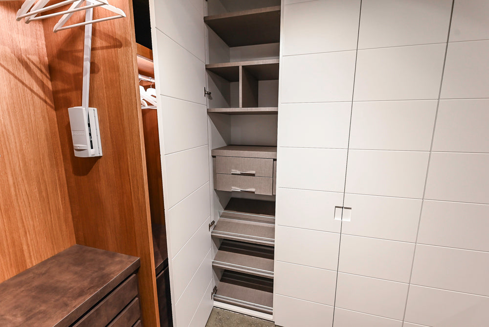 White Modern Vanity Set with Double Sinks and Matching Wardrobe Closet System