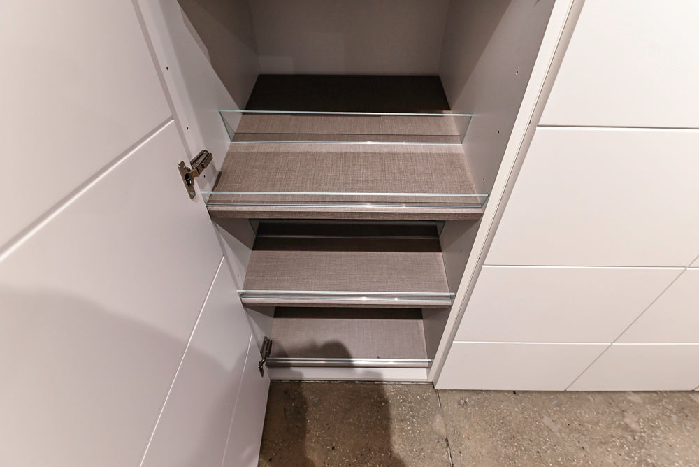 White Modern Vanity Set with Double Sinks and Matching Wardrobe Closet System