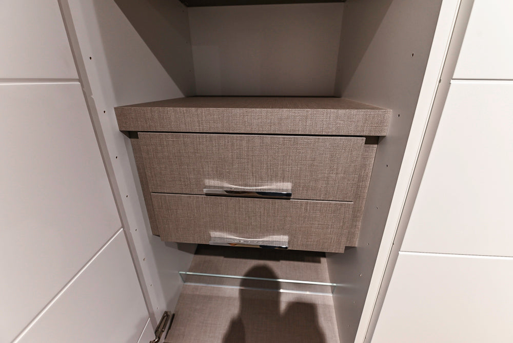 White Modern Vanity Set with Double Sinks and Matching Wardrobe Closet System