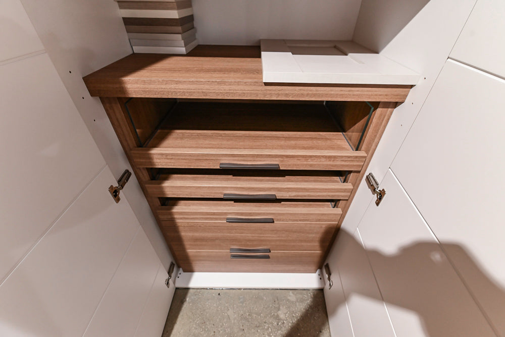 White Modern Vanity Set with Double Sinks and Matching Wardrobe Closet System