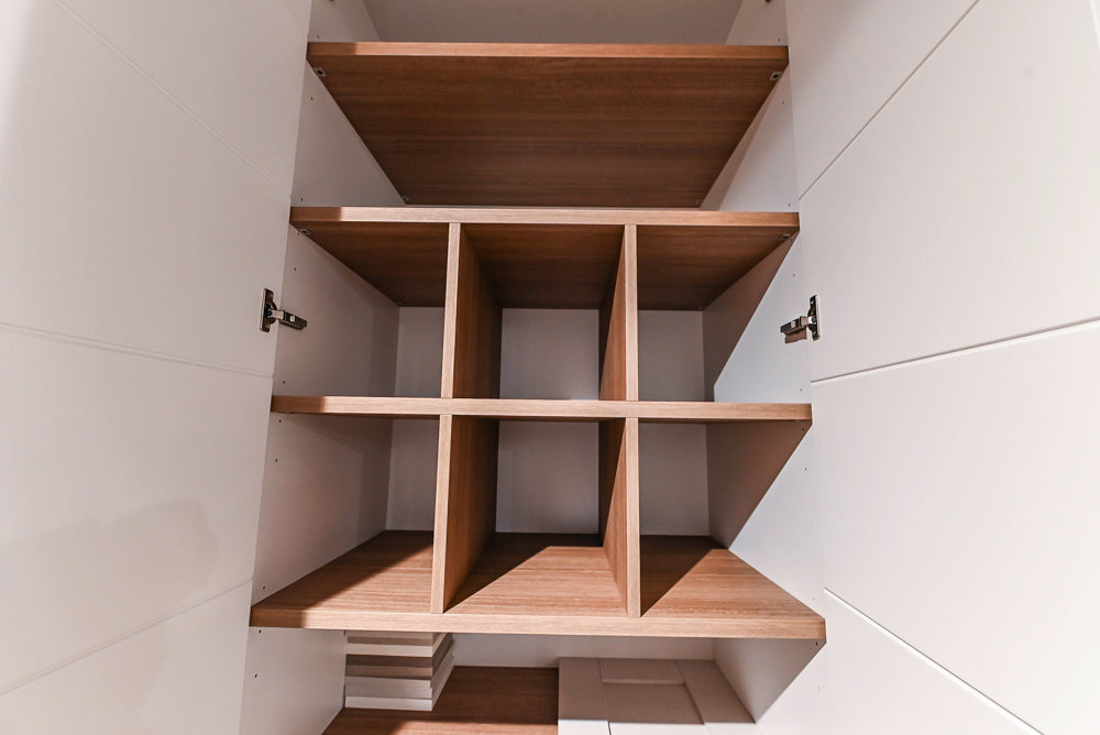 White Modern Vanity Set with Double Sinks and Matching Wardrobe Closet System