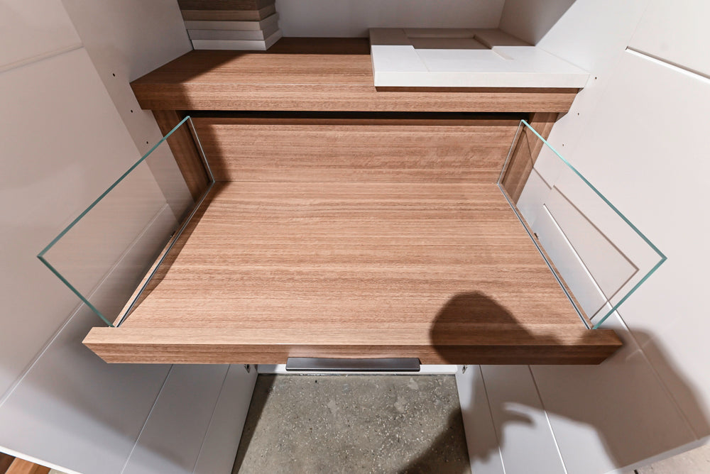 White Modern Vanity Set with Double Sinks and Matching Wardrobe Closet System