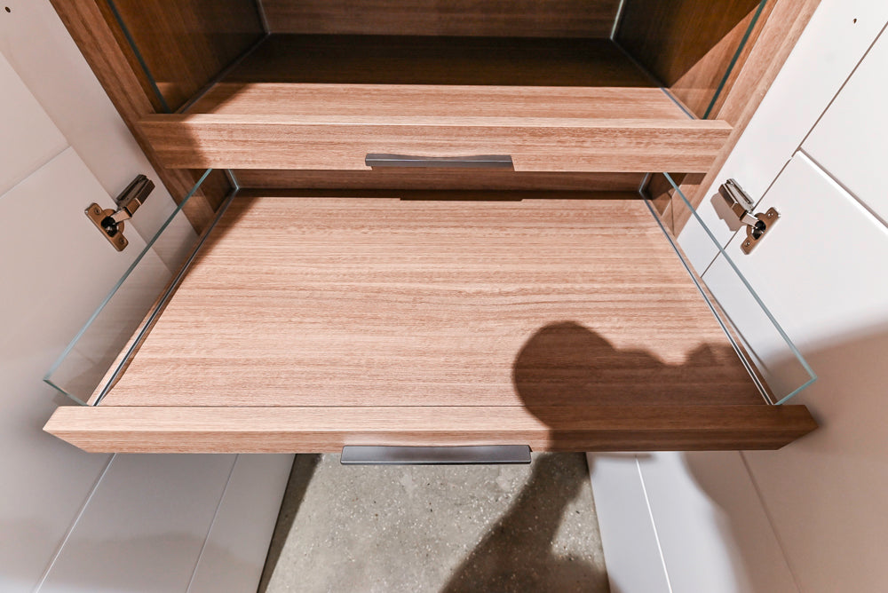 White Modern Vanity Set with Double Sinks and Matching Wardrobe Closet System
