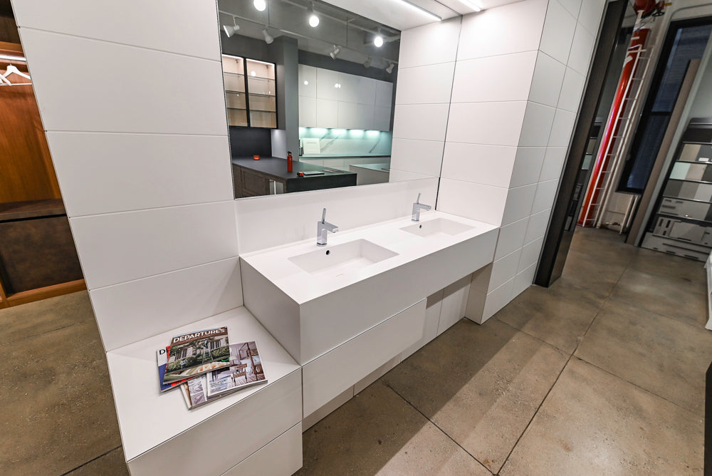White Modern Vanity Set with Double Sinks and Matching Wardrobe Closet System