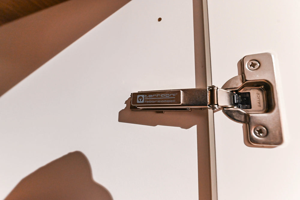 White Modern Vanity Set with Double Sinks and Matching Wardrobe Closet System