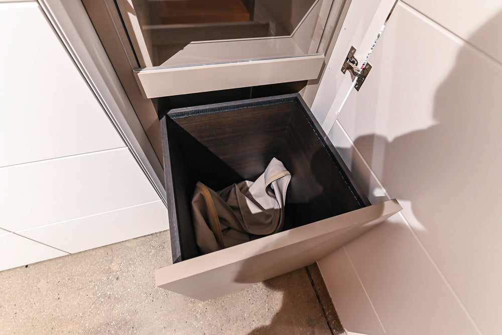 White Modern Vanity Set with Double Sinks and Matching Wardrobe Closet System