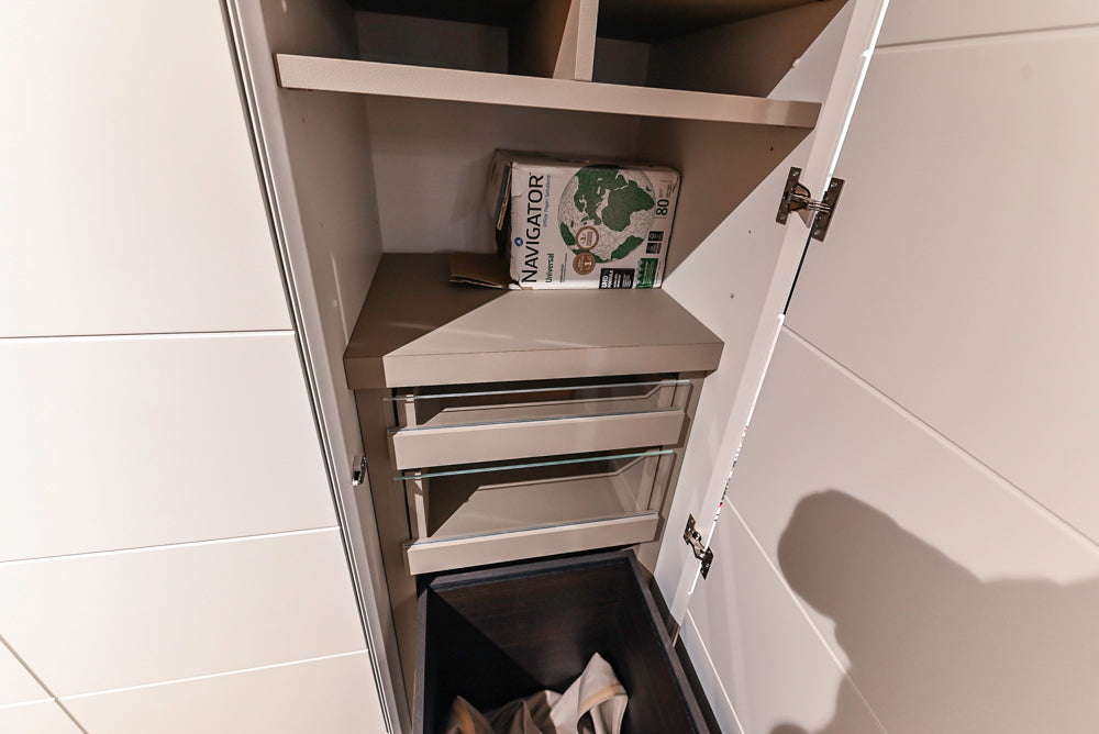 White Modern Vanity Set with Double Sinks and Matching Wardrobe Closet System