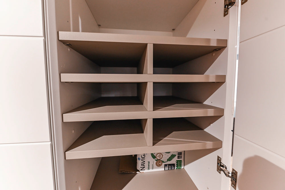 White Modern Vanity Set with Double Sinks and Matching Wardrobe Closet System