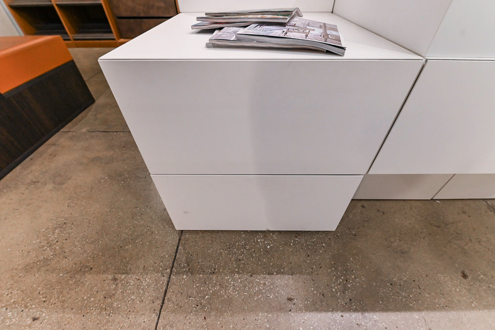 White Modern Vanity Set with Double Sinks and Matching Wardrobe Closet System