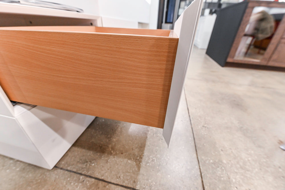 White Modern Vanity Set with Double Sinks and Matching Wardrobe Closet System