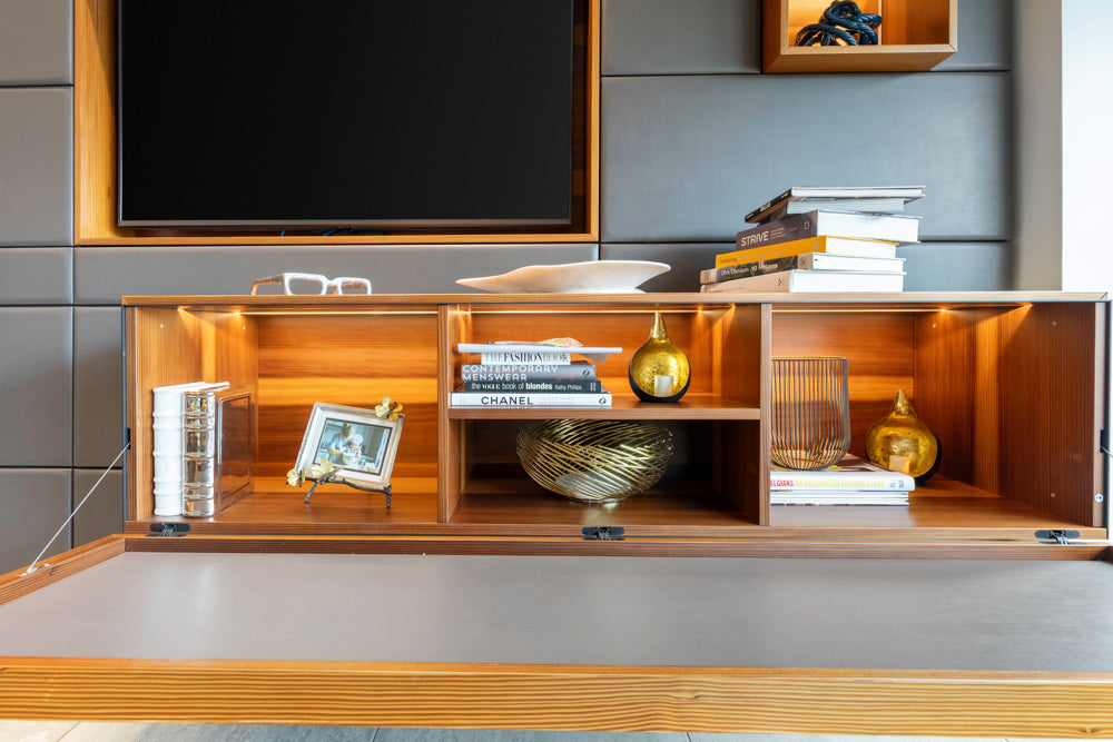 eggersmann USA Schmalenbach Modern Larch Smoked Veneer with Grey Parsol Glass Entertainment System