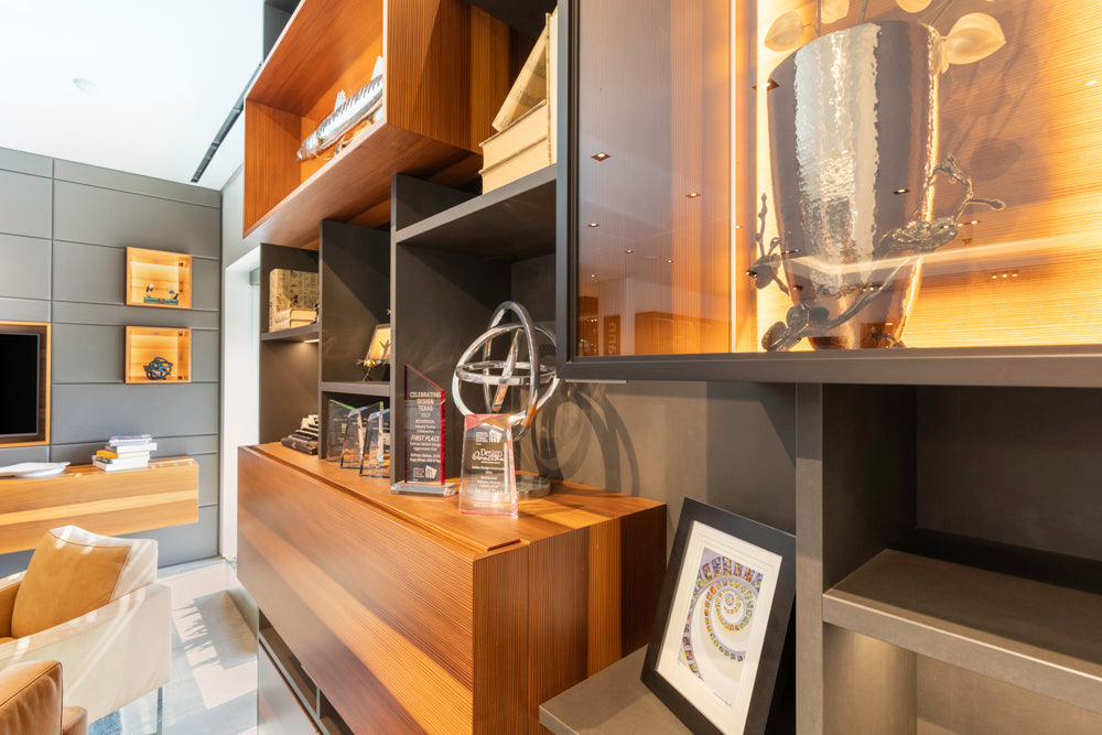 eggersmann USA Schmalenbach Modern Larch Smoked Veneer with Grey Parsol Glass Entertainment System