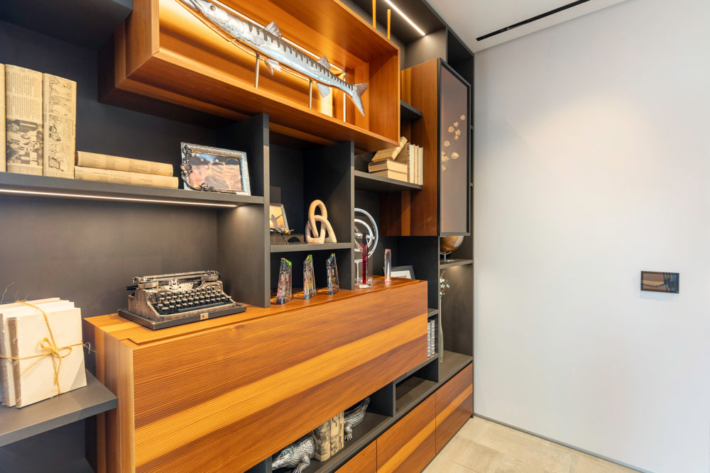 eggersmann USA Schmalenbach Modern Larch Smoked Veneer with Grey Parsol Glass Entertainment System