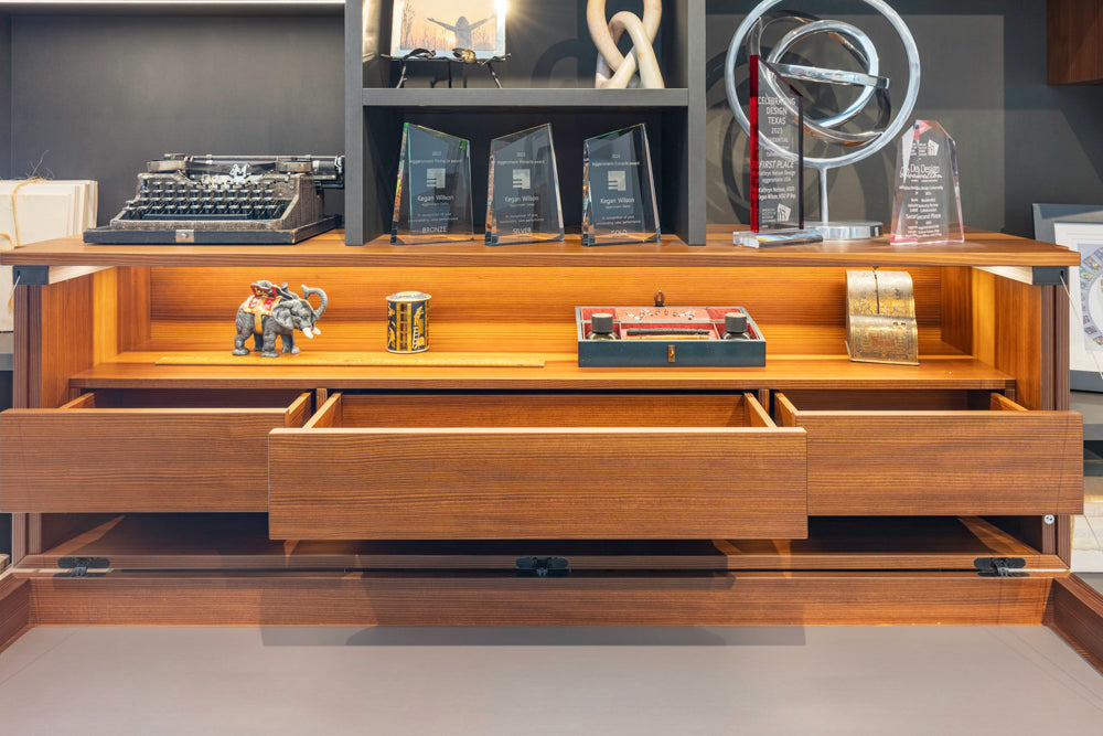 eggersmann USA Schmalenbach Modern Larch Smoked Veneer with Grey Parsol Glass Entertainment System