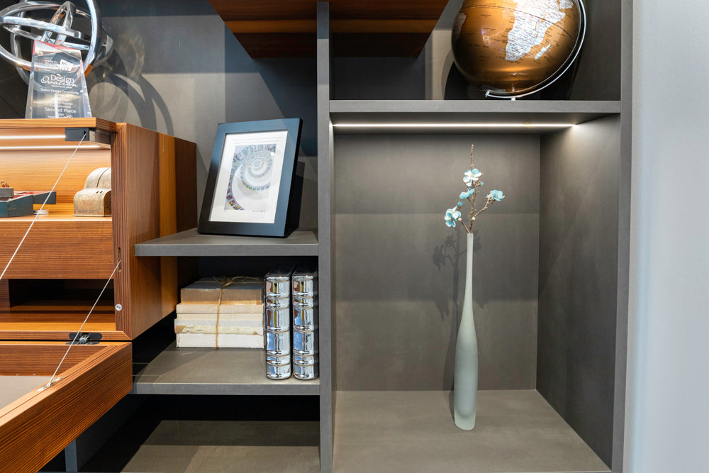 eggersmann USA Schmalenbach Modern Larch Smoked Veneer with Grey Parsol Glass Entertainment System