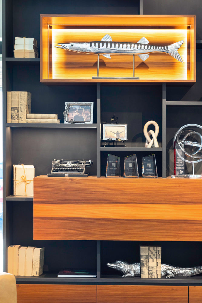 eggersmann USA Schmalenbach Modern Larch Smoked Veneer with Grey Parsol Glass Entertainment System