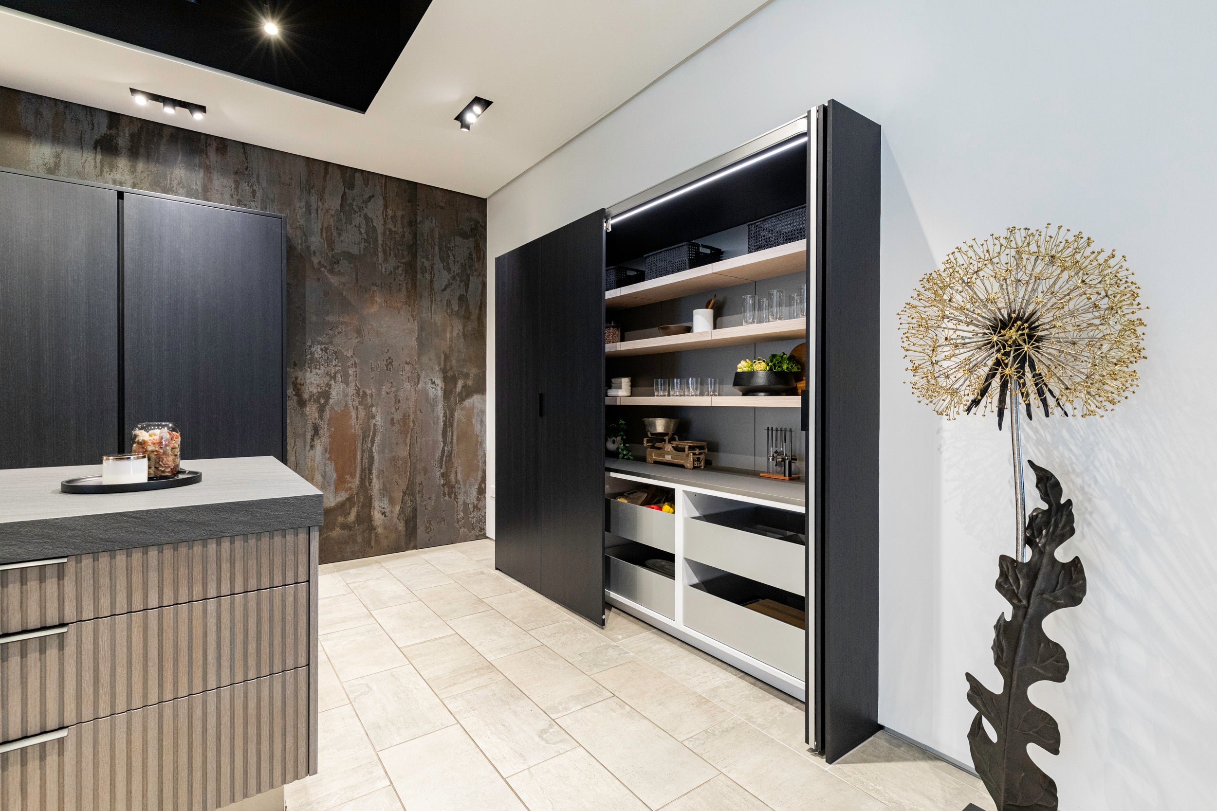 eggersmann E-Line Graphite Black Bi-Fold Pocket Door Pantry Wall 
