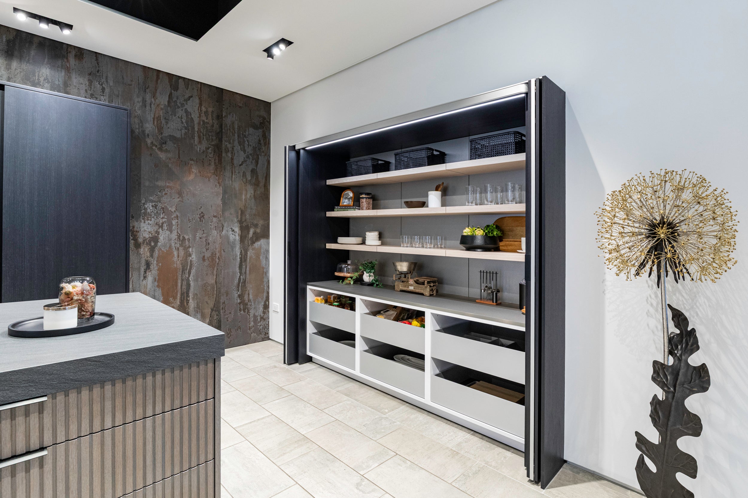 eggersmann E-Line Graphite Black Bi-Fold Pocket Door Pantry Wall 