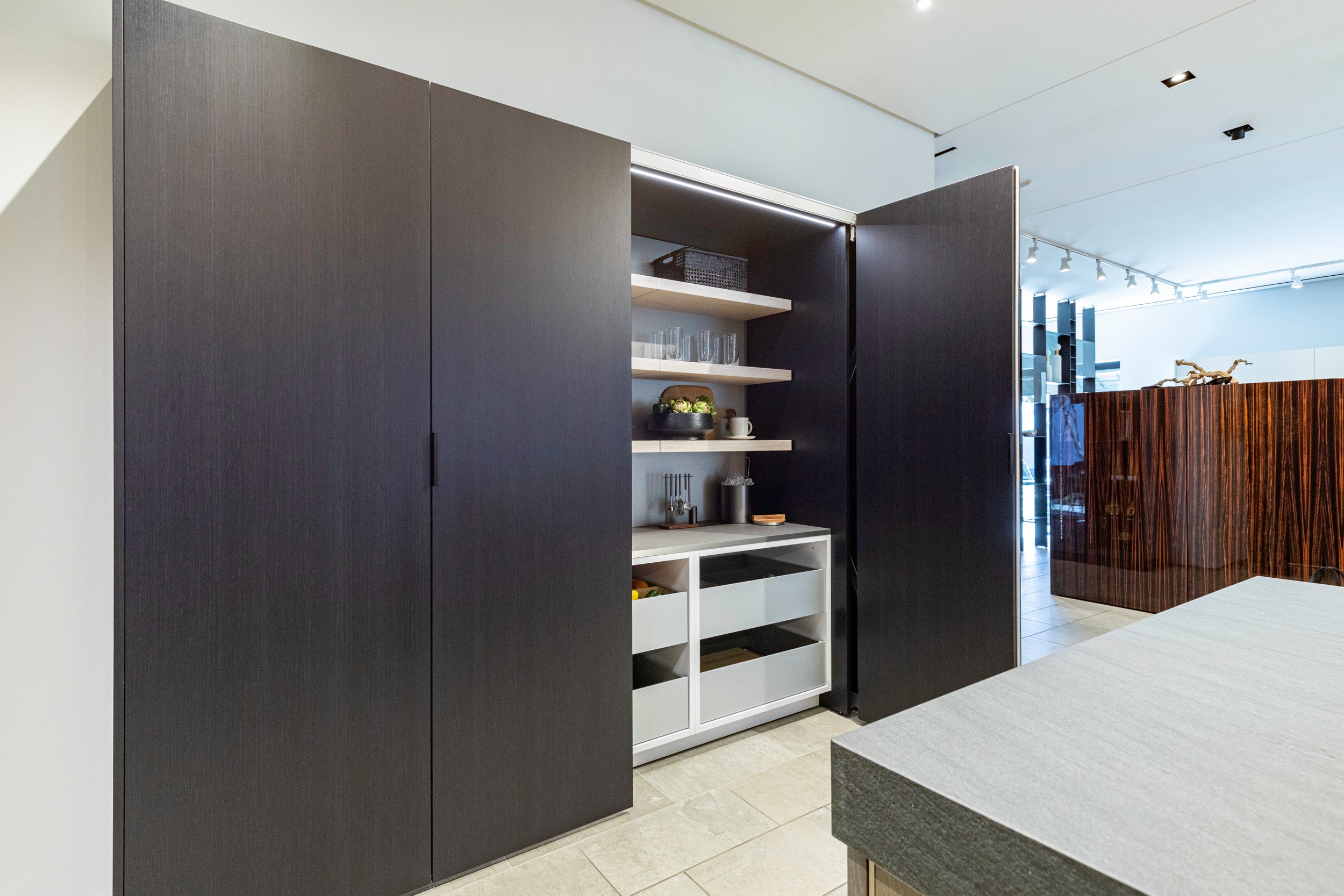 eggersmann E-Line Graphite Black Bi-Fold Pocket Door Pantry Wall 