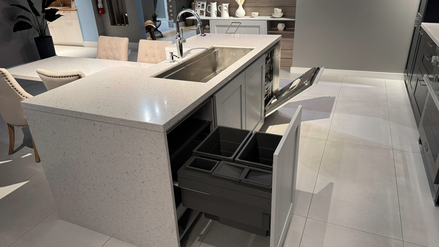 Häcker Velvet Blue & Light Grey Modern Kitchen with Island and Stone Countertops