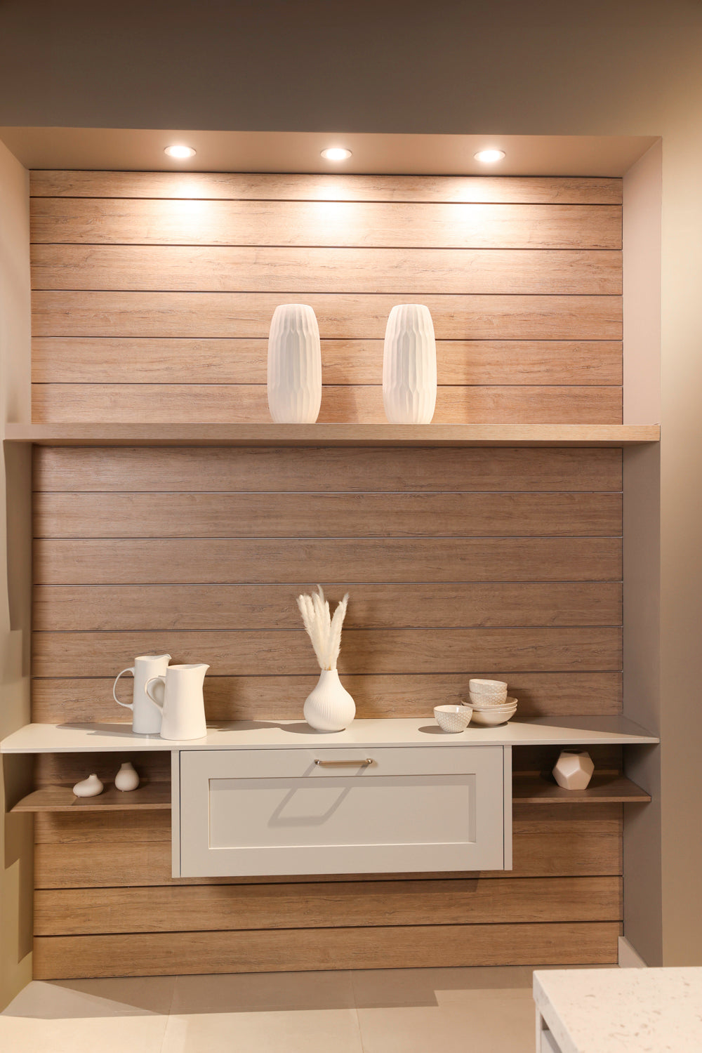 Häcker Velvet Blue & Light Grey Modern Kitchen with Island and Stone Countertops