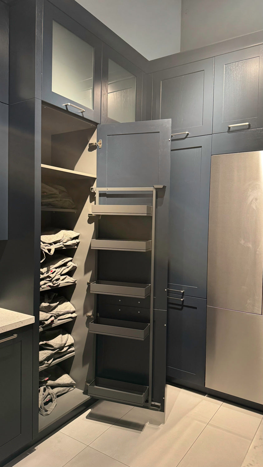 Häcker Velvet Blue & Light Grey Modern Kitchen with Island and Stone Countertops