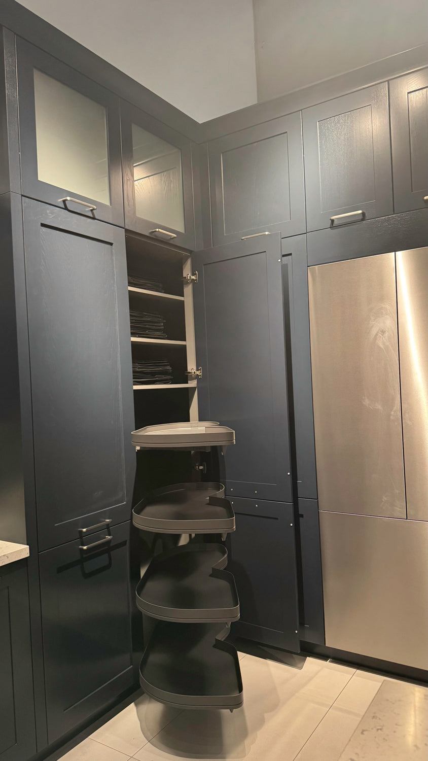 Häcker Velvet Blue & Light Grey Modern Kitchen with Island and Stone Countertops