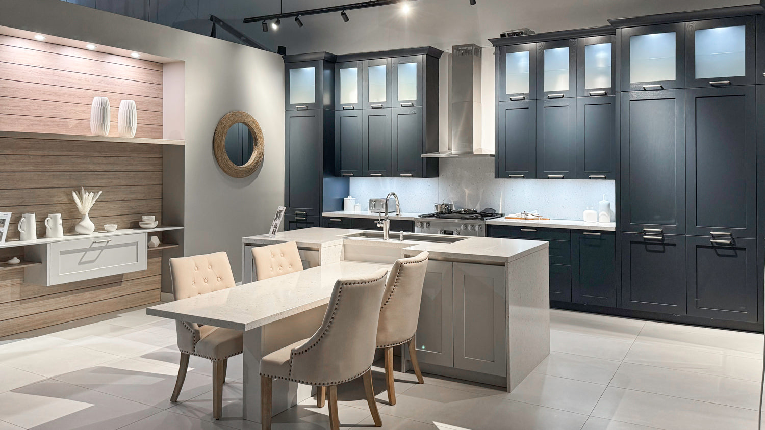 Häcker Velvet Blue & Light Grey Modern Kitchen with Island and Stone Countertops