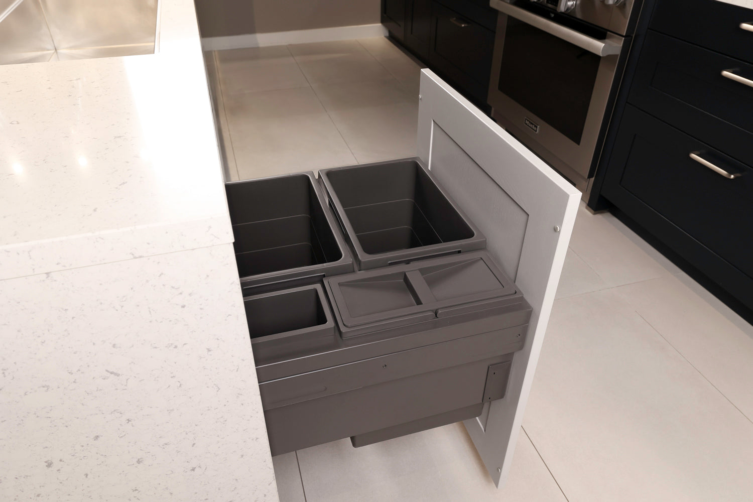 Häcker Velvet Blue & Light Grey Modern Kitchen with Island and Stone Countertops