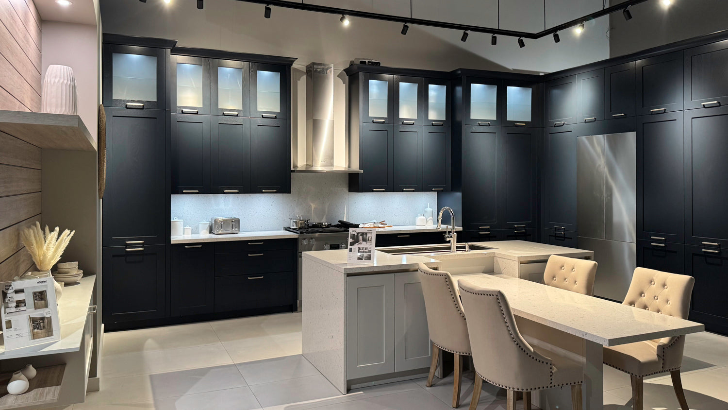 Häcker Velvet Blue & Light Grey Modern Kitchen with Island and Stone Countertops