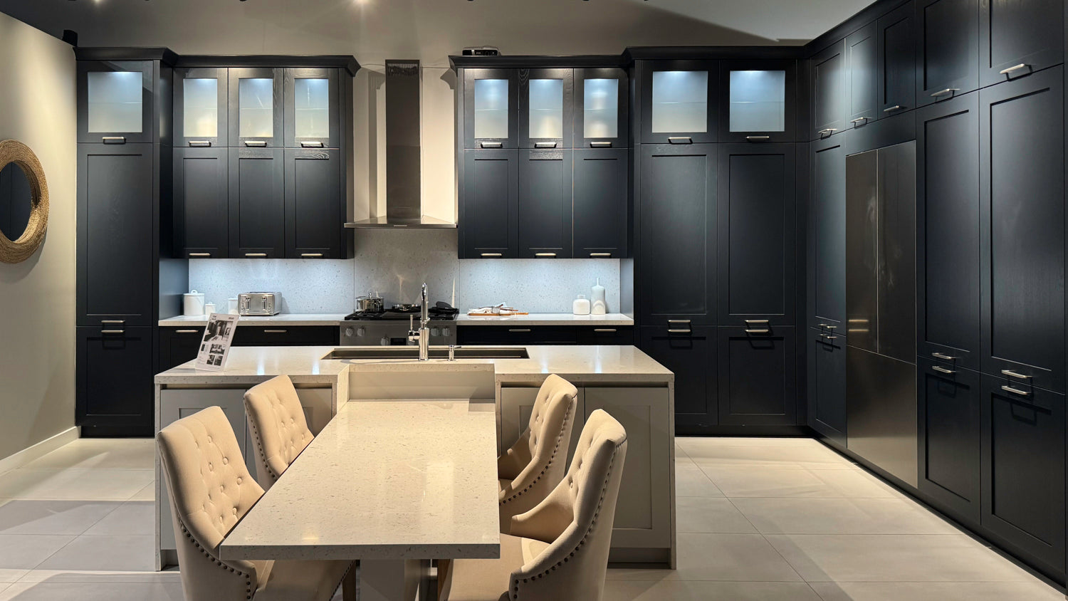Häcker Velvet Blue & Light Grey Modern Kitchen with Island and Stone Countertops