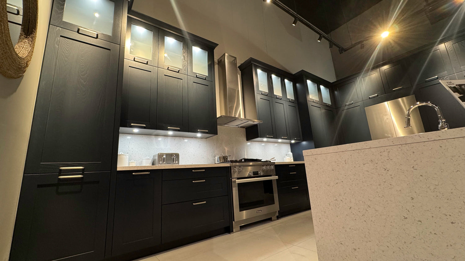 Häcker Velvet Blue & Light Grey Modern Kitchen with Island and Stone Countertops