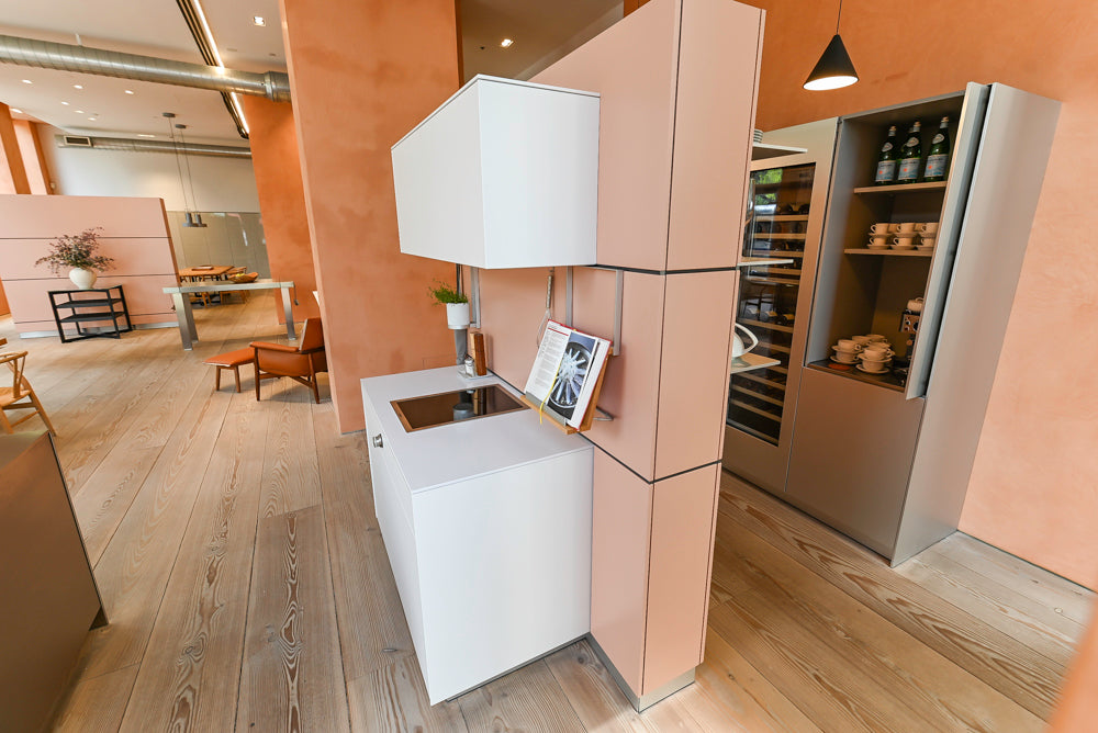 Bulthaup Modern White & Peach Cooking Station with Stone Countertop and 15" Gaggenau Cooktop, Showroom Display